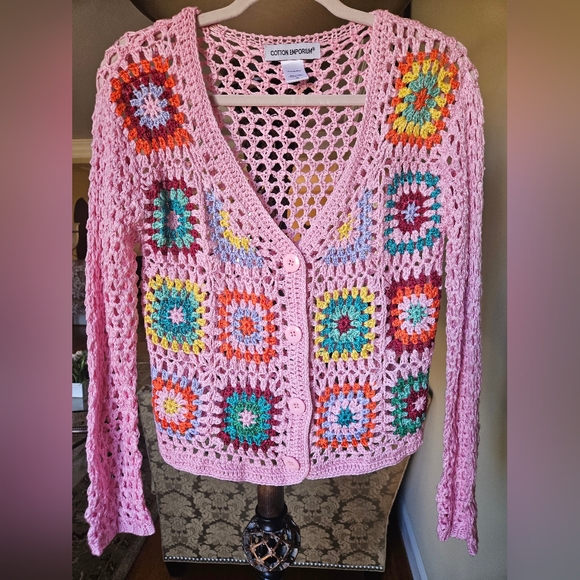 NWOT Cotton Emporium patchwork crochet sweater pink/multicolor - Picture 2 of 7